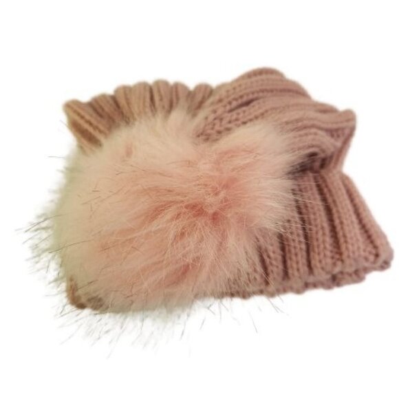 Pale Pink CableKnit Faux Fur Pom Knit Beanie One Size - Picture 3 of 5